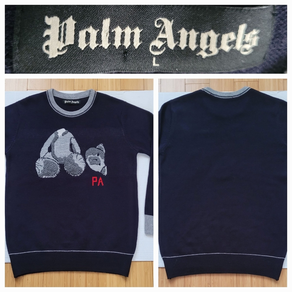 Palm Angels Navy Crewneck Sweater with Grey Panda and Red PA Accent